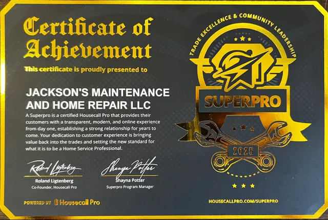 Housecall Pro SuperPro 2025 certificate of achievement for Jackson's Maintenance and Home Repair